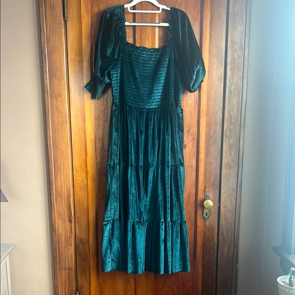 Baltic Born 1X Velvet Green Puff Sleeve Midi Dress